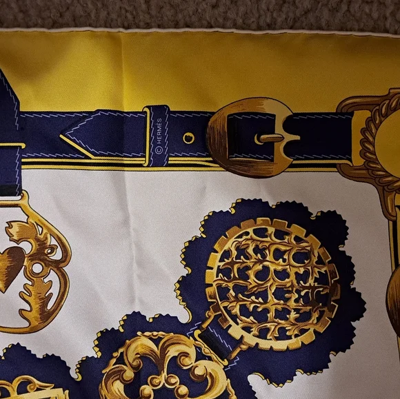Authentic HERMES Scarf Silk Navy & Yellow